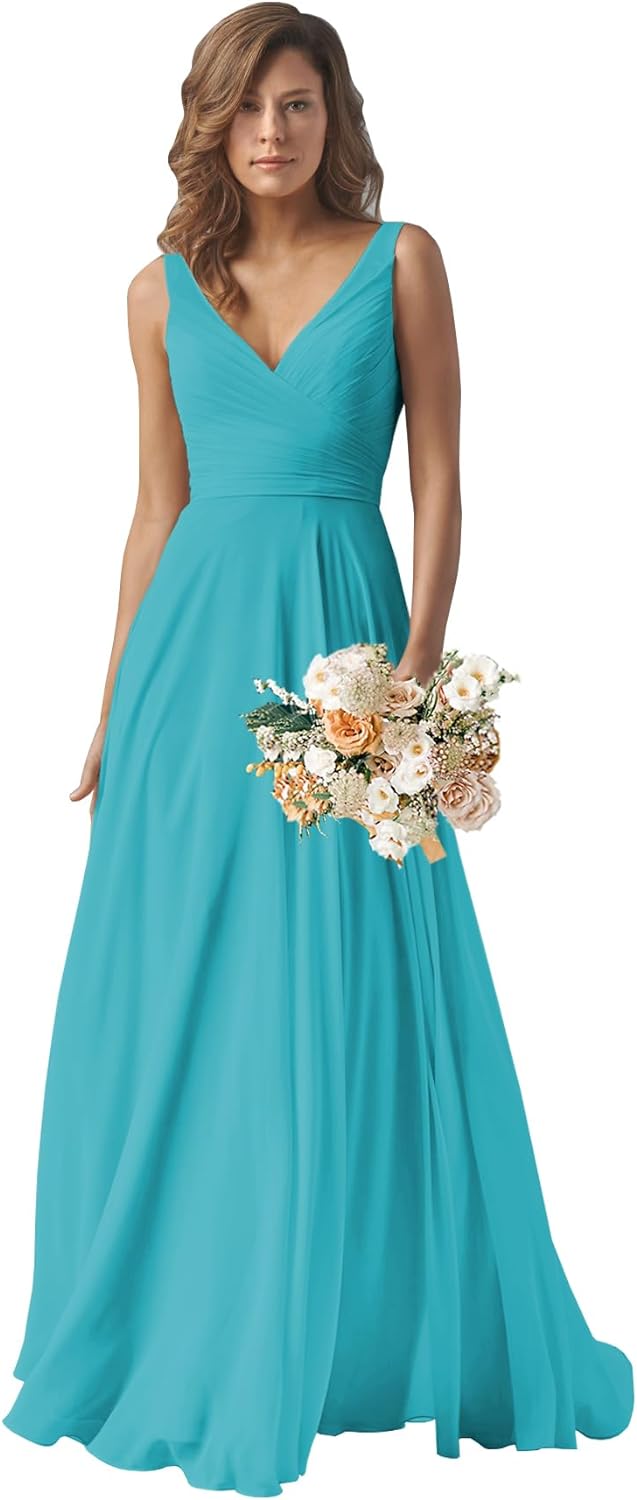 Chiffon Bridesmaid Dresses Long for Women A Line Ruched Formal Porm Evening Gowns