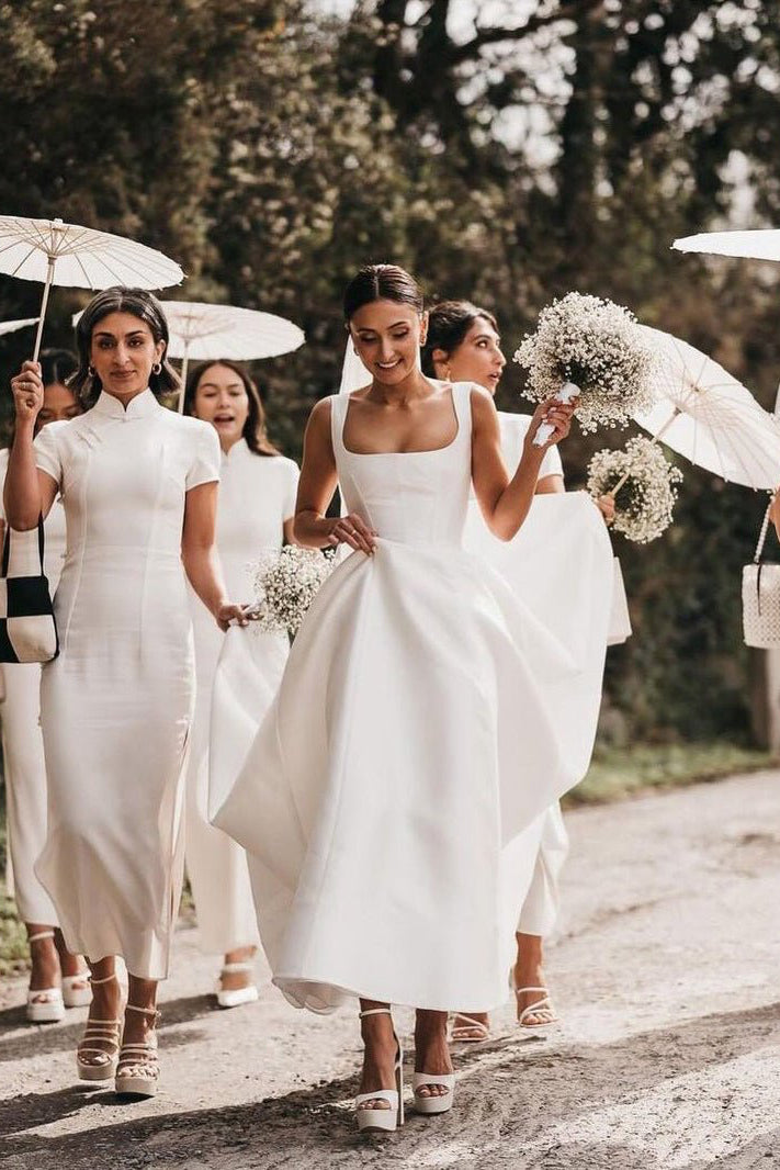 Simple A-Line Square Neck White Satin Wedding Dresses