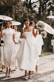 Simple A-Line Square Neck White Satin Wedding Dresses
