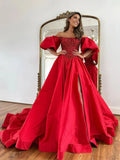 A-Line Off The Shoulder Taffeta Prom Dress With Short Puffy Sleeves