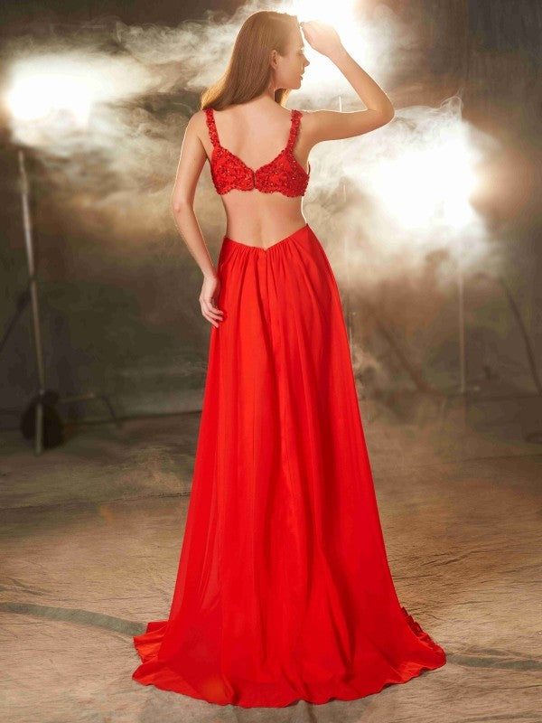 Vestido de noche de graduación de gasa con apliques y corte A/princesa, sin mangas y con cola larga