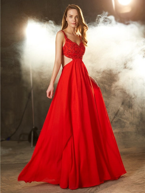 Vestido de noche de graduación de gasa con apliques y corte A/princesa, sin mangas y con cola larga
