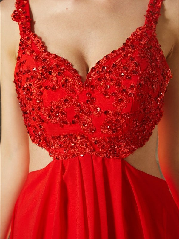 Vestido de noche de graduación de gasa con apliques y corte A/princesa, sin mangas y con cola larga
