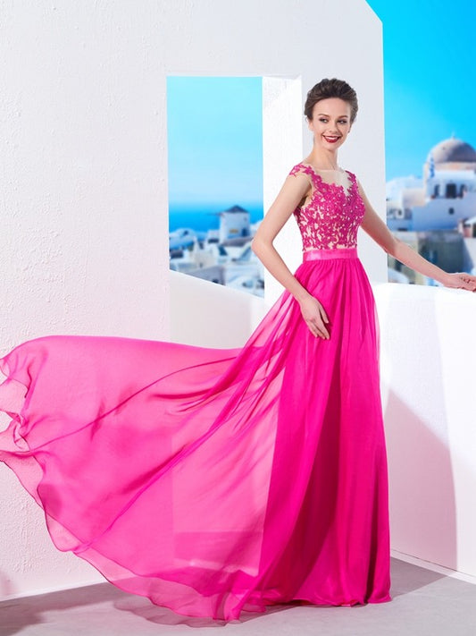Vestido de noche de graduación de gasa con apliques y cola larga, sin mangas, corte princesa/a, cuello transparente