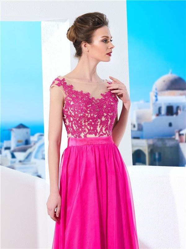 Vestido de noche de graduación de gasa con apliques y cola larga, sin mangas, corte princesa/a, cuello transparente