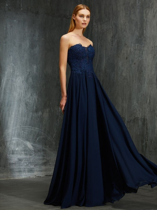 A-Line/Princess Sweetheart Sleeveless Floor-Length Applique Chiffon Dresses Prom Evening Dress