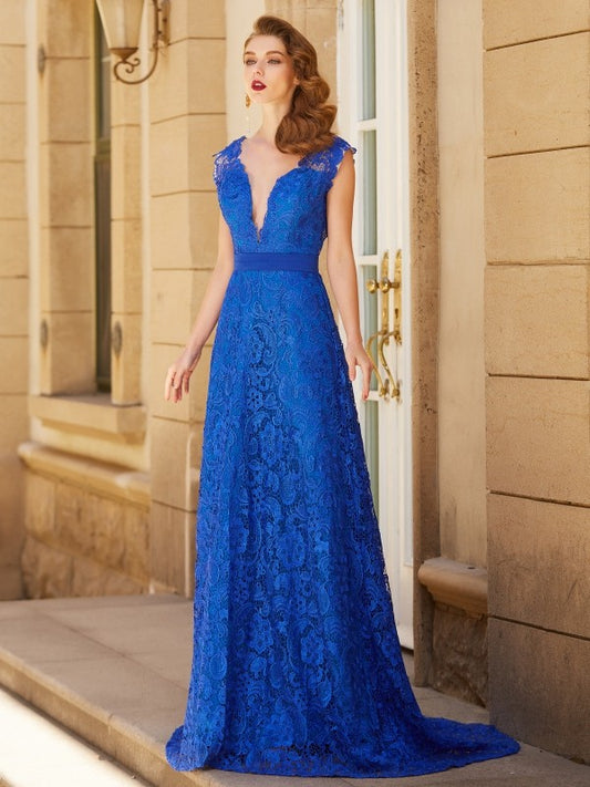Vestido de noche de graduación con escote en V, corte A/princesa, sin mangas, cola larga y lazo con encaje