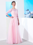 Vestido de noche para madre de la novia, corte A/princesa, escote barco, mangas 1/2, largo hasta el suelo, apliques de tul