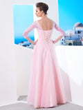 Vestido de noche para madre de la novia, corte A/princesa, escote barco, mangas 1/2, largo hasta el suelo, apliques de tul