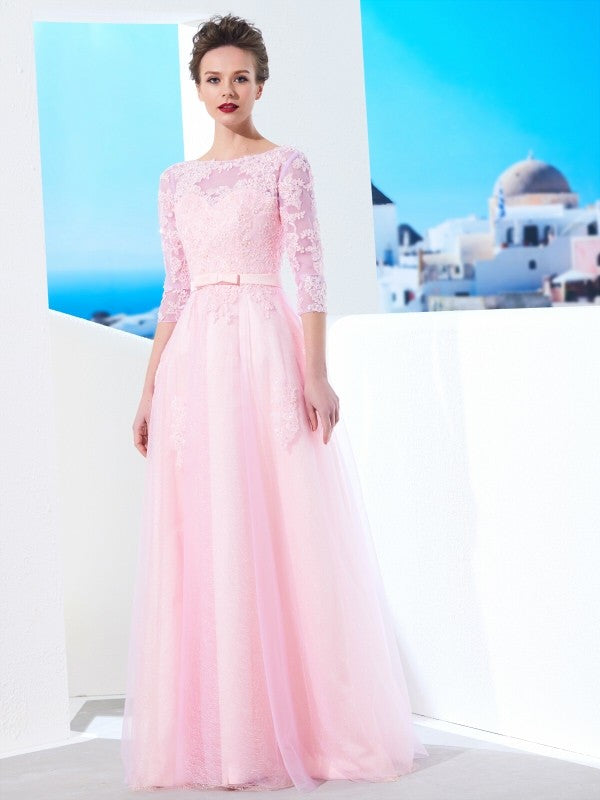 Vestido de noche para madre de la novia, corte A/princesa, escote barco, mangas 1/2, largo hasta el suelo, apliques de tul