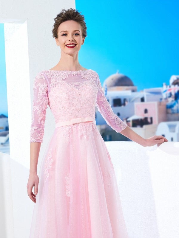 Vestido de noche para madre de la novia, corte A/princesa, escote barco, mangas 1/2, largo hasta el suelo, apliques de tul