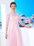 Vestido de noche para madre de la novia, corte A/princesa, escote barco, mangas 1/2, largo hasta el suelo, apliques de tul