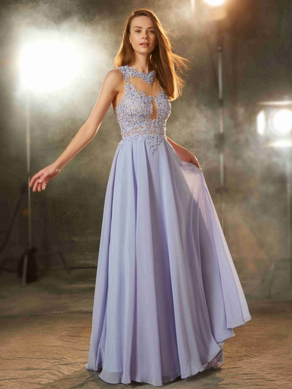 Vestido de noche de graduación de gasa con apliques, sin mangas, corte princesa y escote redondo