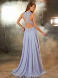 Vestido de noche de graduación de gasa con apliques, sin mangas, corte princesa y escote redondo