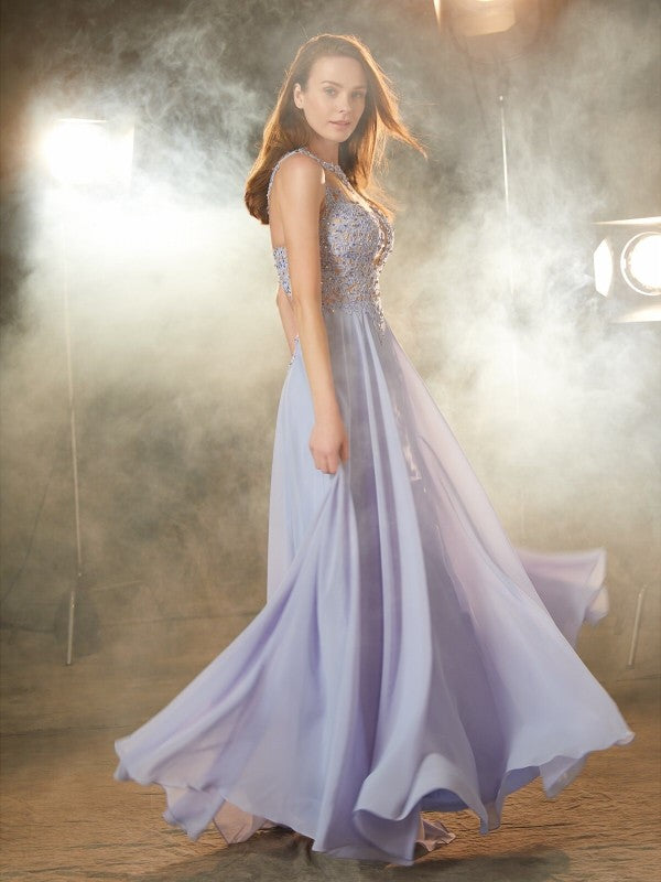 Vestido de noche de graduación de gasa con apliques, sin mangas, corte princesa y escote redondo