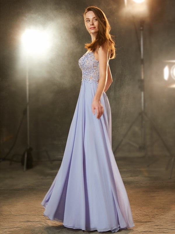 Vestido de noche de graduación de gasa con apliques, sin mangas, corte princesa y escote redondo