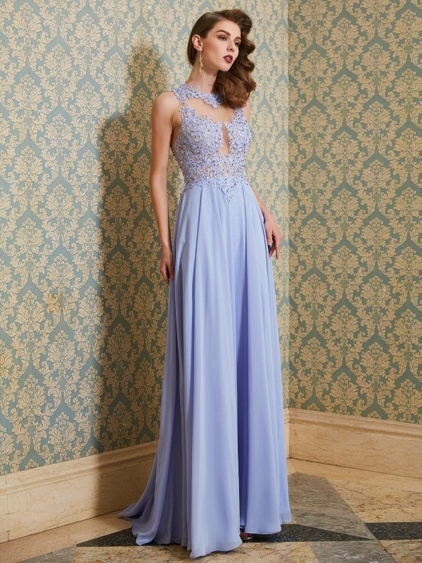 Vestido de noche de graduación de gasa con apliques y corte A/princesa, sin mangas, con escote redondo y cola larga