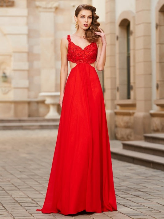 Vestido de noche de graduación de gasa con apliques, sin mangas, corte A/princesa y tirantes finos