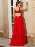 Vestido de noche de graduación de gasa con apliques, sin mangas, corte A/princesa y tirantes finos