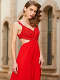 Vestido de noche de graduación de gasa con apliques, sin mangas, corte A/princesa y tirantes finos