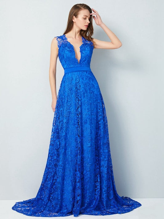 Vestido de noche de graduación con escote en V, corte A/princesa, sin mangas, cola larga y lazo con encaje