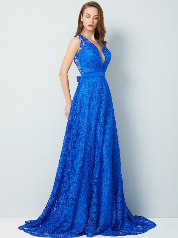 Vestido de noche de graduación con escote en V, corte A/princesa, sin mangas, cola larga y lazo con encaje