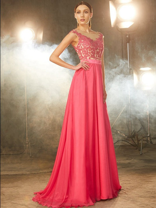 Vestido de noche de gasa 30D con corte A/princesa, sin mangas, cuello transparente, cola larga y apliques