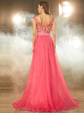 Vestido de noche de gasa 30D con corte A/princesa, sin mangas, cuello transparente, cola larga y apliques