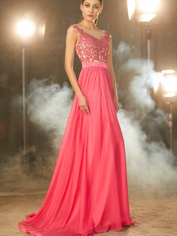 Vestido de noche de gasa 30D con corte A/princesa, sin mangas, cuello transparente, cola larga y apliques