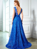 A-Linie/Princess-Linie V-Ausschnitt Ärmellos Sweep/Pinsel Zug Schleife Spitze Kleider Ball-/Abendkleid
