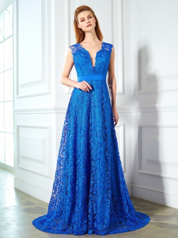 A-Linie/Princess-Linie V-Ausschnitt Ärmellos Sweep/Pinsel Zug Schleife Spitze Kleider Ball-/Abendkleid