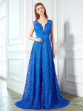 A-Linie/Princess-Linie V-Ausschnitt Ärmellos Sweep/Pinsel Zug Schleife Spitze Kleider Ball-/Abendkleid
