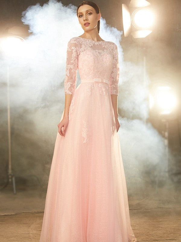 A-Line/Princess Bateau 1/2 Sleeves Floor-Length Applique Tulle Dresses Evening Mother of the Bride Dress