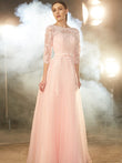 A-Line/Princess Bateau 1/2 Sleeves Floor-Length Applique Tulle Dresses Evening Mother of the Bride Dress