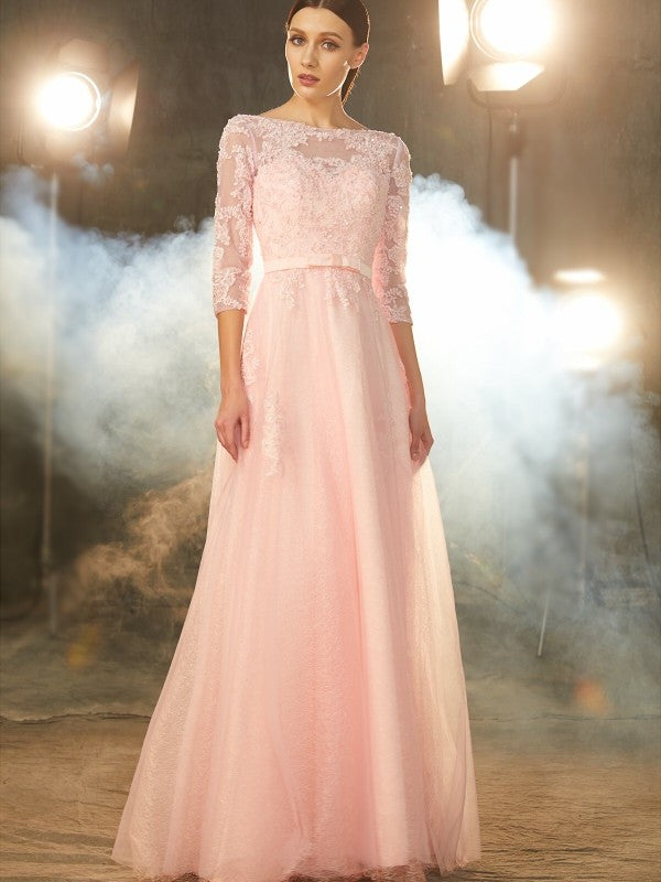 A-Line/Princess Bateau 1/2 Sleeves Floor-Length Applique Tulle Dresses Evening Mother of the Bride Dress