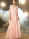 A-Line/Princess Bateau 1/2 Sleeves Floor-Length Applique Tulle Dresses Evening Mother of the Bride Dress