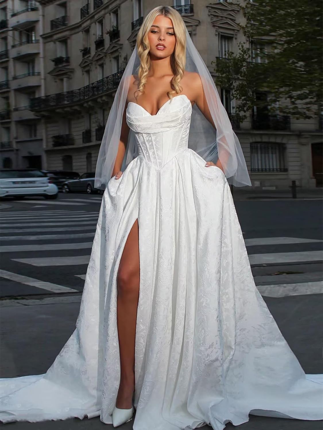 Strapless Jacquard Satin Prom Dresses for Women Corset A Line Long Formal Evening Party Gowns with Slit
