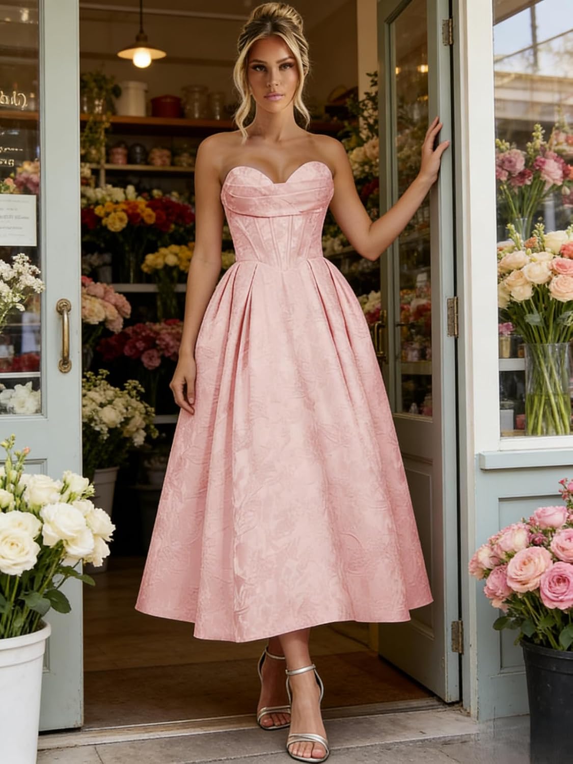 Jacquard Satin Prom Dresses for Women Strapless Tea Length Sweetheart Neck A-line Formal Party Dress with Pockets