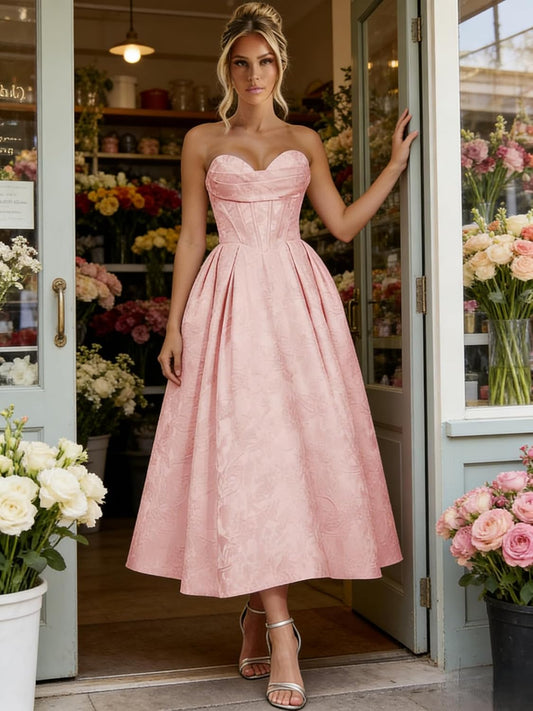 Jacquard Satin Prom Dresses for Women Strapless Tea Length Sweetheart Neck A-line Formal Party Dress with Pockets