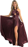 Vestido de fiesta de satén metálico brillante con abertura para mujer, vestido formal de noche plisado con cuello halter 