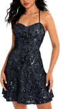 Women's Sequin Homecoming Prom Dress Spaghetti Straps Sparkly A Line Swing Party Nightclub Dance Mini Cocktail Dress Above Knee Length