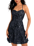 Women's Sequin Homecoming Prom Dress Spaghetti Straps Sparkly A Line Swing Party Nightclub Dance Mini Cocktail Dress Above Knee Length