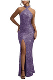 Sequin Mermaid Prom Dresses for Women Long Sparkly Halter-Neck Tight Backless Formal Evening Party Gowns with Slit