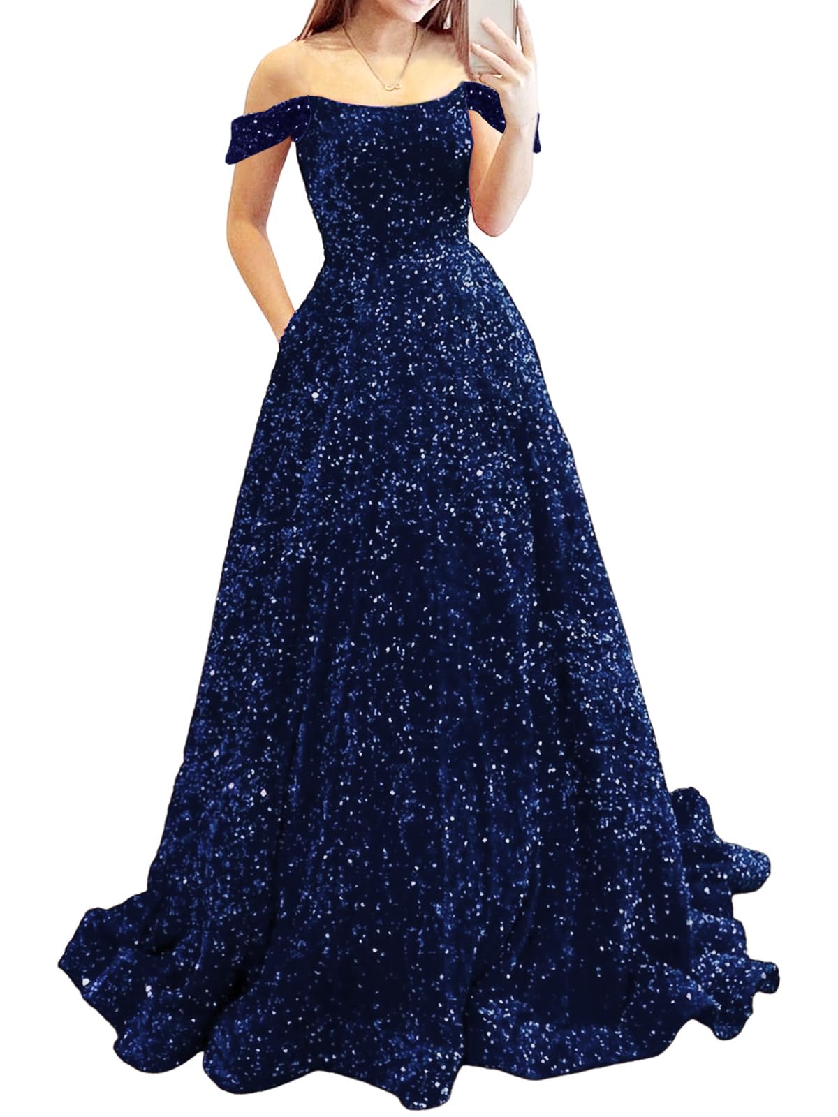 Prom Dresses Long A Line with Pockets Formal Evening Ball Gowns Velvet Velvet Sequins Black Tie Wedding Party Dress