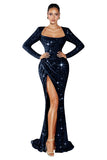 Mermaid Sequin Prom Dresses for Women 2026 Long Sleeve Ruched Formal Dress with Slit Sparkly Evening Party Gowns