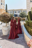 Kingbridal Gowns Long Sleeve Satin Bridesmaid Dresses for Women Long A-Line V-Neck Pleated Formal Evening Party Ball Gown with Slit