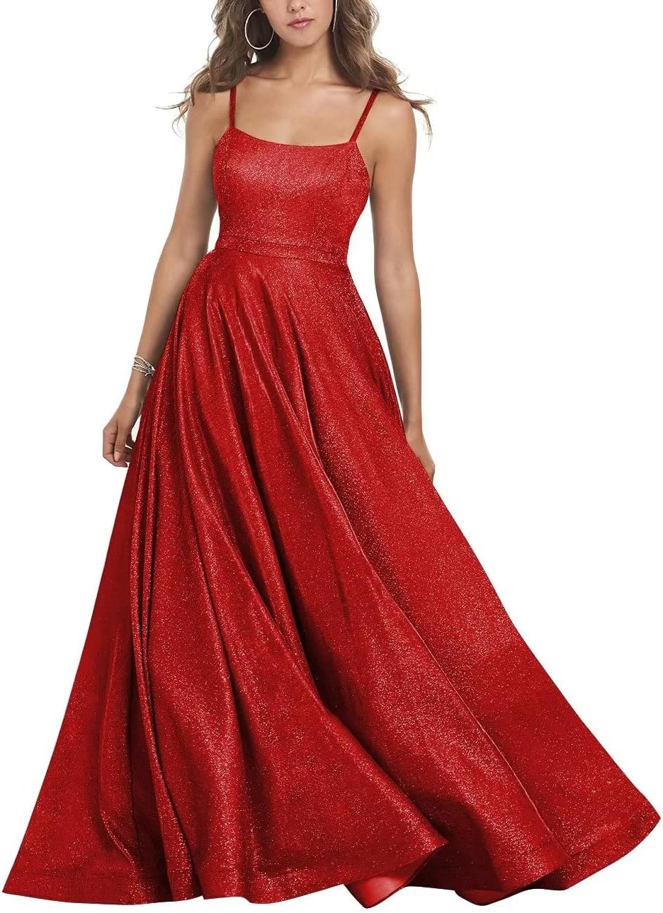 Women's Glitter Prom Dresses Long Ball Gown Spaghetti Straps Neck Formal Evening Party Dress for Teens
