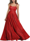 Women's Glitter Prom Dresses Long Ball Gown Spaghetti Straps Neck Formal Evening Party Dress for Teens