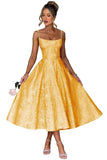 Jacquard Floral Satin Prom Dresses for Women 2026 Spaghetti Straps A-Line Midi Formal Evening Party Gown with Pockets