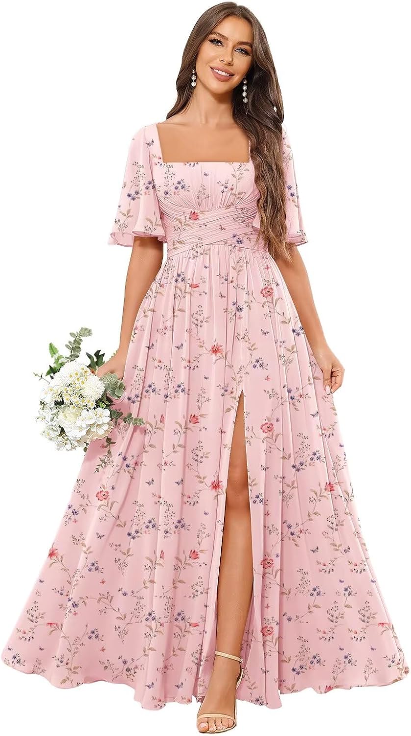 Square Neck Bridesmaid Dresses with Slit Pockets Flutter Sleeve Long Chiffon Formal Wedding Guest Dress